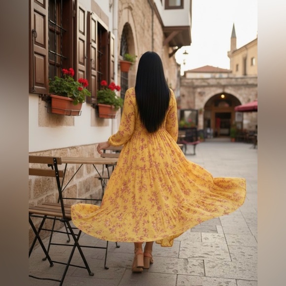 Zara | Floral Boho Yellow Tiered Midi Maxi Dress | Blogger Favorite | Size M - Picture 3 of 11